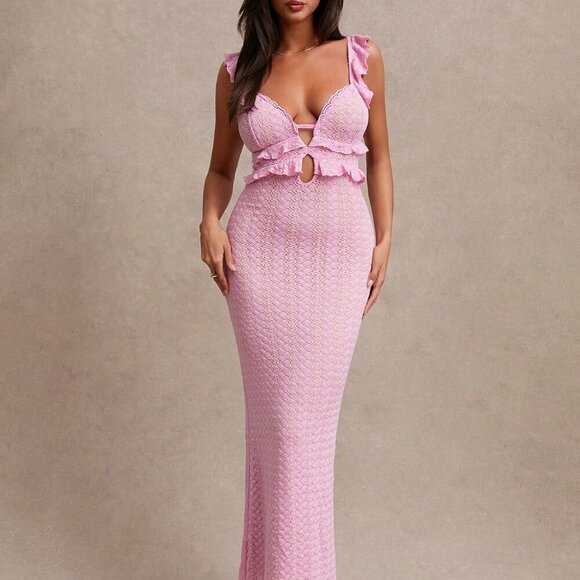 Pink Elegant Women's Sexy Hollow-Out Crochet Ruffle Trim Backless Tie Dress - Picture 3 of 7
